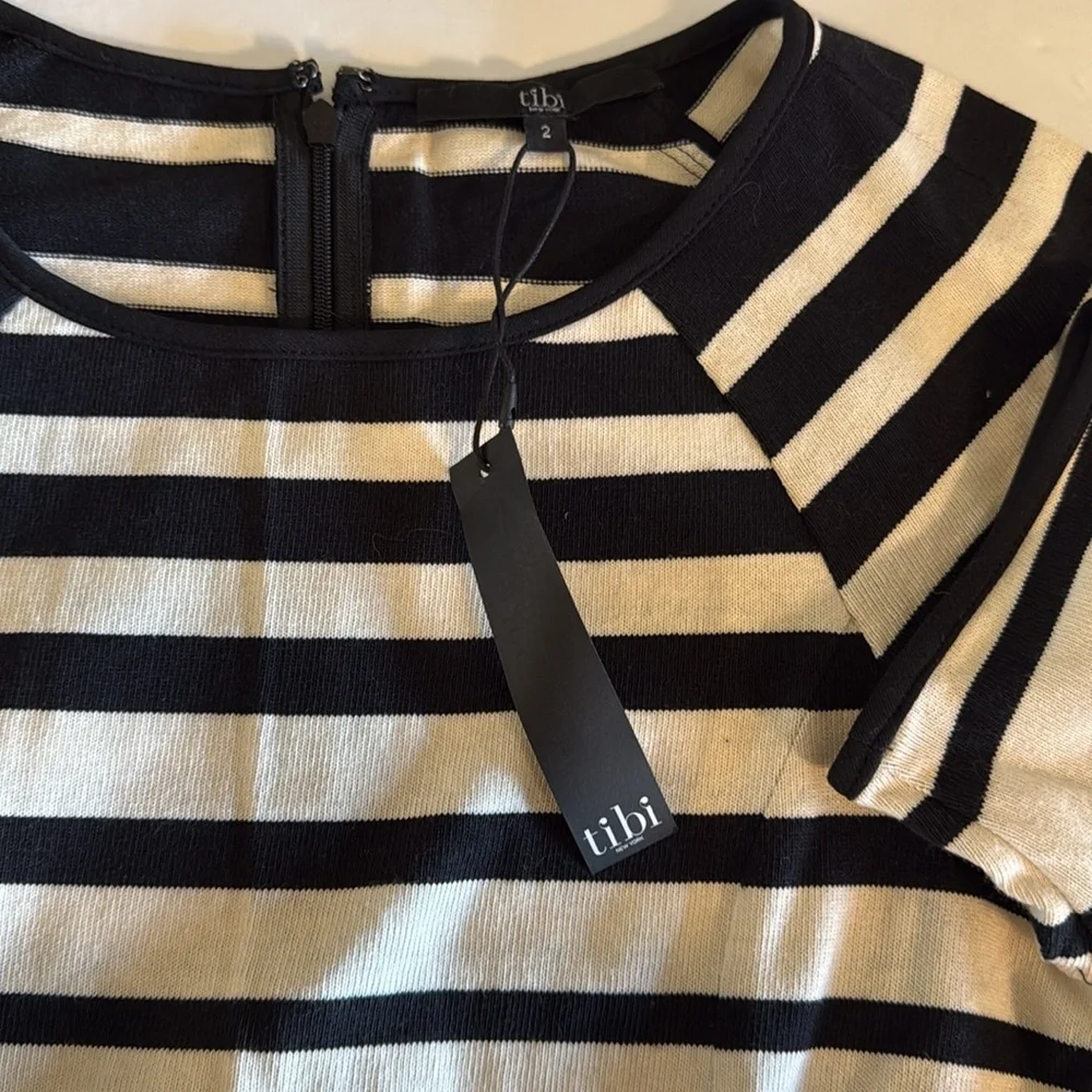 Tibi Women’s Striped Knit Dress Fit Flare Short Sleeves Black/White Size 2 New